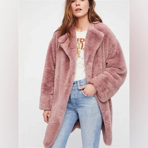 Free People Rita Pink Faux Fur Oversized Open Front Jacket XS - Picture 5 of 16